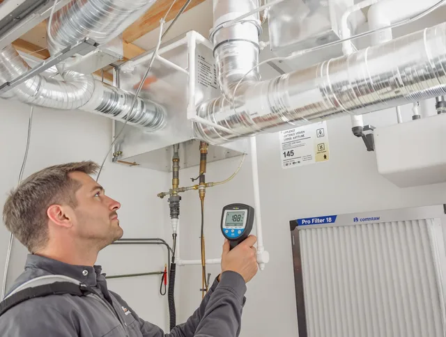 Somerset Air Duct Cleaning expert conducting detailed filter system inspection using diagnostic tools in Somerset